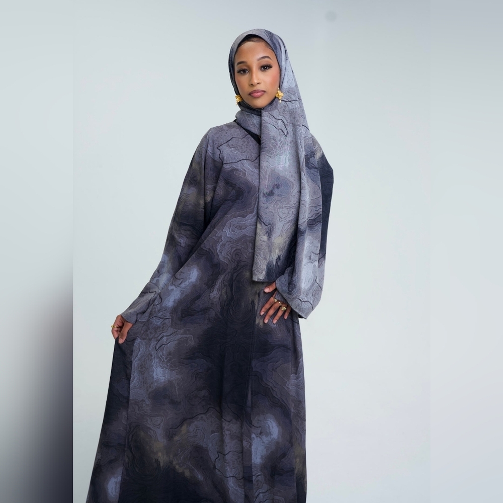 Watercolor Printed Abaya Set in Light Blue